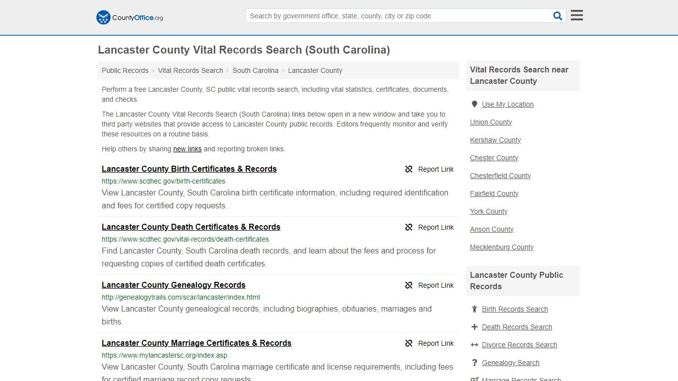 Lancaster County Vital Records Search (South Carolina) - County Office